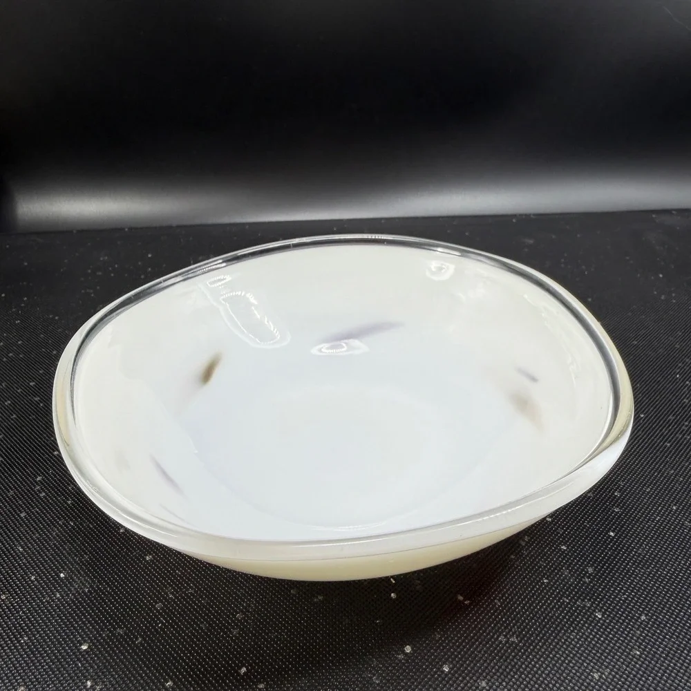 Vintage 1980s Venetian Blown Glass Dish Bowl White with Red Purple Swirls 6 Inch